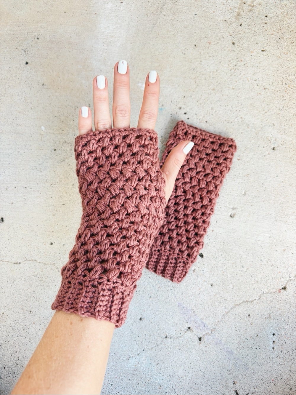 Handmade Crocheted Fingerless Gloves in Dusty Rose with Puff Stitch